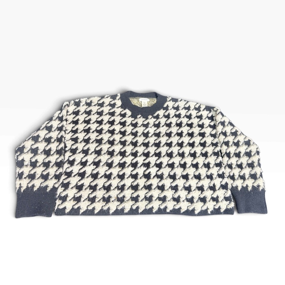 Max Studio M Houndstooth Knit Sweater Black Ivory Cropped Crew Neck Pullover